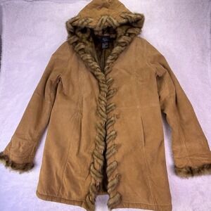 VTG Rare Dennis Basso‎ Penny Lane Leather Coat Faux Fur Liner Hooded Women's M